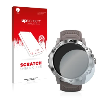 Face avant d’un emballage produit avec le logo de la marque upscreen. À côté, l’appareil Coros Vertix 2 est représenté avec la