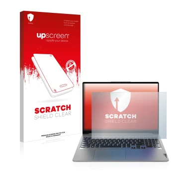Face avant d’un emballage produit avec le logo de la marque upscreen. À côté, l’appareil Lenovo IdeaPad 5 Pro 16