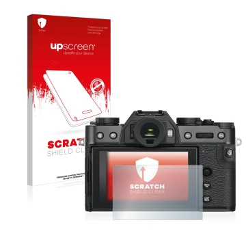 Face avant d’un emballage produit avec le logo de la marque upscreen. À côté, l’appareil Fujifilm X-T30 ll est représenté avec