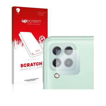 Face avant d’un emballage produit avec le logo de la marque upscreen. À côté, l’appareil Samsung Galaxy A22 4G (Caméra UNIQUEM