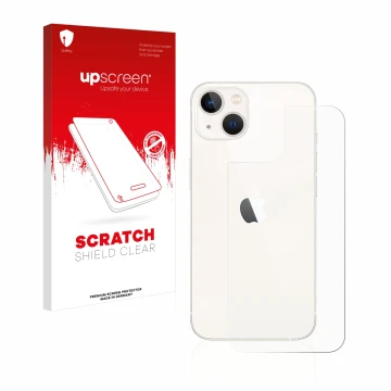 Face avant d’un emballage produit avec le logo de la marque upscreen. À côté, l’appareil Apple iPhone 13 (Arrière) est représe