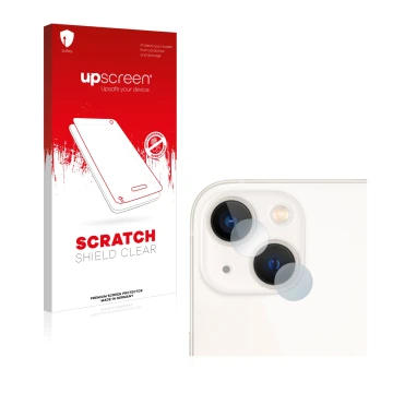 Face avant d’un emballage produit avec le logo de la marque upscreen. À côté, l’appareil Apple iPhone 13 (Caméra UNIQUEMENT) e