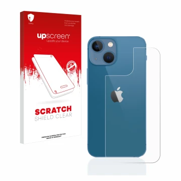 Face avant d’un emballage produit avec le logo de la marque upscreen. À côté, l’appareil Apple iPhone 13 mini (Arrière) est re