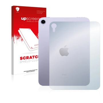 Face avant d’un emballage produit avec le logo de la marque upscreen. À côté, l’appareil Apple iPad Mini 6 WiFi 2021 (6ème gén