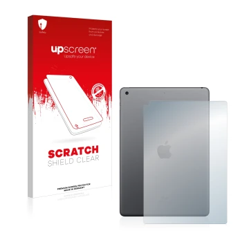 Face avant d’un emballage produit avec le logo de la marque upscreen. À côté, l’appareil Apple iPad 10.2