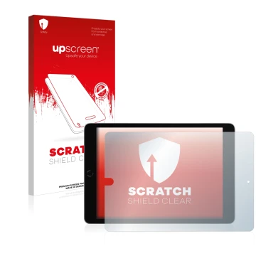 Face avant d’un emballage produit avec le logo de la marque upscreen. À côté, l’appareil Apple iPad 10.2