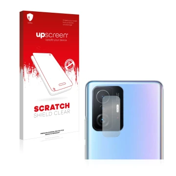 Face avant d’un emballage produit avec le logo de la marque upscreen. À côté, l’appareil Xiaomi 11T Pro (Caméra UNIQUEMENT) es
