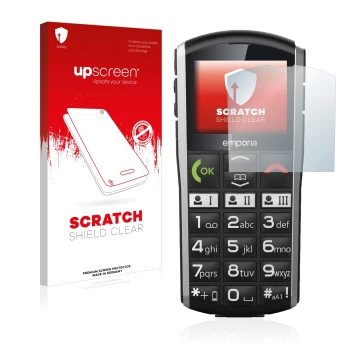 Face avant d’un emballage produit avec le logo de la marque upscreen. À côté, l’appareil Emporia Simplicity est représenté ave