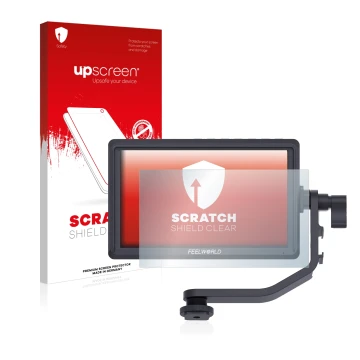 Face avant d’un emballage produit avec le logo de la marque upscreen. À côté, l’appareil Feelworld FW568 5.5