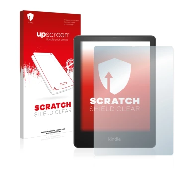 Face avant d’un emballage produit avec le logo de la marque upscreen. À côté, l’appareil Amazon Kindle Paperwhite 2021 Signatu