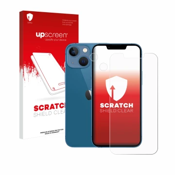 Face avant d’un emballage produit avec le logo de la marque upscreen. À côté, l’appareil Apple iPhone 13 mini (Avant+Caméra) e