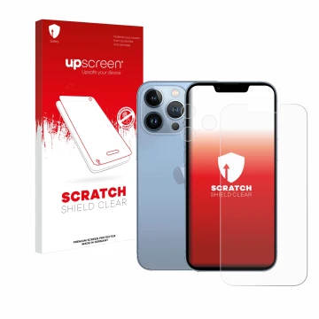 Face avant d’un emballage produit avec le logo de la marque upscreen. À côté, l’appareil Apple iPhone 13 Pro (Avant+Caméra) es