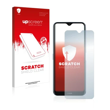 Face avant d’un emballage produit avec le logo de la marque upscreen. À côté, l’appareil Nokia G50 est représenté avec la prot