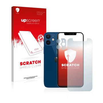 Face avant d’un emballage produit avec le logo de la marque upscreen. À côté, l’appareil Apple iPhone 12 mini (Avant+Caméra) e