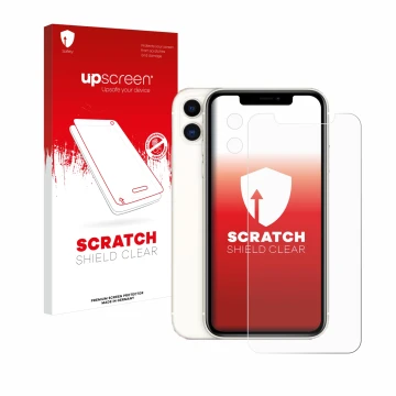 Face avant d’un emballage produit avec le logo de la marque upscreen. À côté, l’appareil Apple iPhone 11 (Avant+Caméra) est re