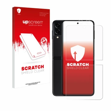 Face avant d’un emballage produit avec le logo de la marque upscreen. À côté, l’appareil Samsung Galaxy Z Flip 3 5G (Avant+Cam