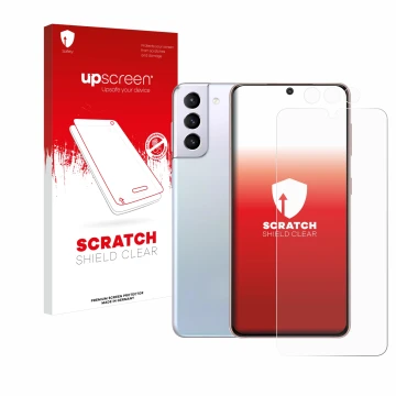 Face avant d’un emballage produit avec le logo de la marque upscreen. À côté, l’appareil Samsung Galaxy S21 (Avant+Caméra) est