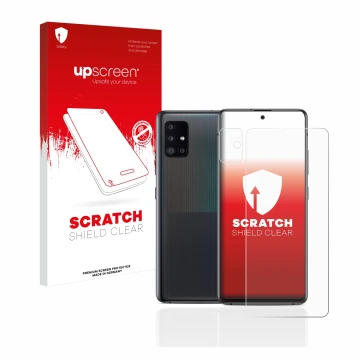 Face avant d’un emballage produit avec le logo de la marque upscreen. À côté, l’appareil Samsung Galaxy A51 5G (Avant+Caméra) 