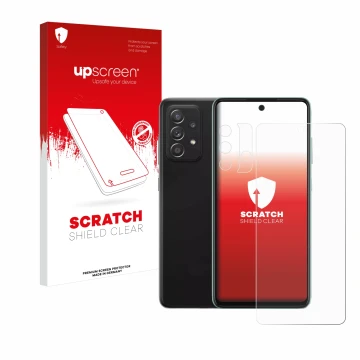 Face avant d’un emballage produit avec le logo de la marque upscreen. À côté, l’appareil Samsung Galaxy A52 (Avant+Caméra) est
