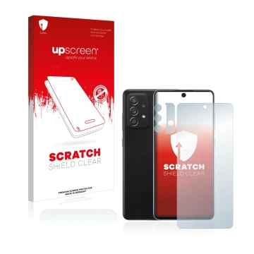 Face avant d’un emballage produit avec le logo de la marque upscreen. À côté, l’appareil Samsung Galaxy A52 5G (Avant+Caméra) 