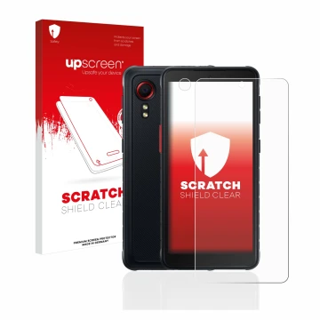 Face avant d’un emballage produit avec le logo de la marque upscreen. À côté, l’appareil Samsung Galaxy XCover 5 (Avant+Caméra
