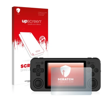 Face avant d’un emballage produit avec le logo de la marque upscreen. À côté, l’appareil Anbernic RG351P est représenté avec l