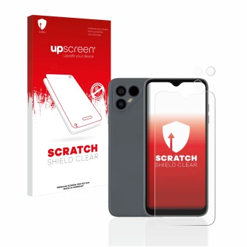 Face avant d’un emballage produit avec le logo de la marque upscreen. À côté, l’appareil Fairphone 4 (Avant+Caméra) est représ