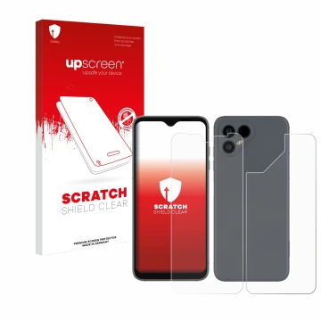 Face avant d’un emballage produit avec le logo de la marque upscreen. À côté, l’appareil Fairphone 4 (Avant+Arrière) est repré