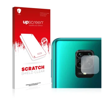 Face avant d’un emballage produit avec le logo de la marque upscreen. À côté, l’appareil Xiaomi Redmi Note 10 Lite (Caméra UNI