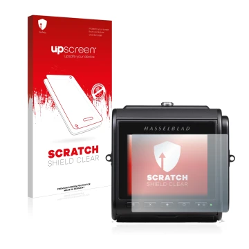 Face avant d’un emballage produit avec le logo de la marque upscreen. À côté, l’appareil Hasselblad 907X 50C est représenté av
