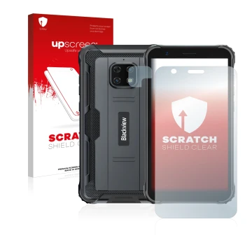 Face avant d’un emballage produit avec le logo de la marque upscreen. À côté, l’appareil Blackview BV4900S (Avant+Caméra) est 