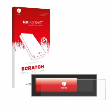 Face avant d’un emballage produit avec le logo de la marque upscreen. À côté, l’appareil Porsche Taycan 2021 PCM 6.0 est repré