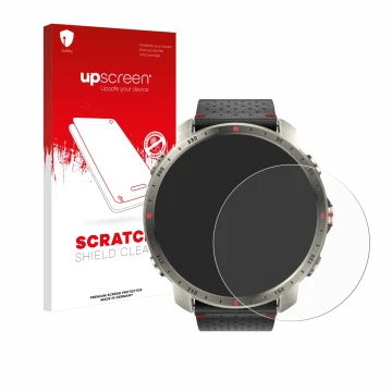 Face avant d’un emballage produit avec le logo de la marque upscreen. À côté, l’appareil Polar Grit X Pro Titan est représenté