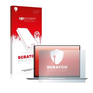 Face avant d’un emballage produit avec le logo de la marque upscreen. À côté, l’appareil Huawei MateBook 14 2021 est représent