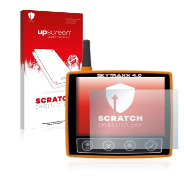 Face avant d’un emballage produit avec le logo de la marque upscreen. À côté, l’appareil Skytraxx 4.0 est représenté avec la p