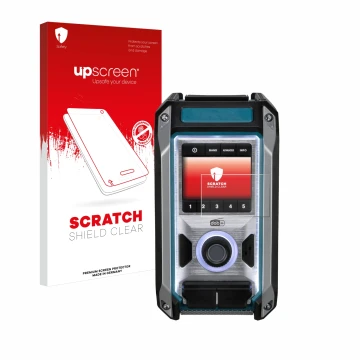 Face avant d’un emballage produit avec le logo de la marque upscreen. À côté, l’appareil Makita DMR115 est représenté avec la 