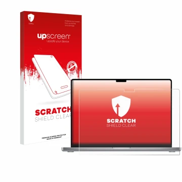 Face avant d’un emballage produit avec le logo de la marque upscreen. À côté, l’appareil Apple MacBook Pro 16