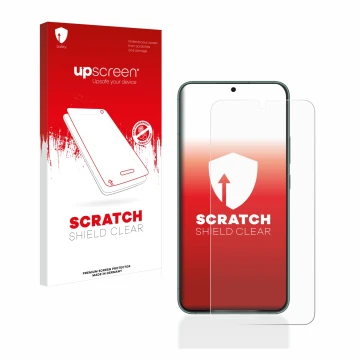 Face avant d’un emballage produit avec le logo de la marque upscreen. À côté, l’appareil Samsung Galaxy S22 Plus 5G est représ