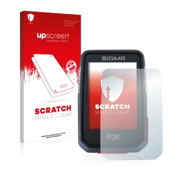 Face avant d’un emballage produit avec le logo de la marque upscreen. À côté, l’appareil Sigma ROX 2.0 est représenté avec la 