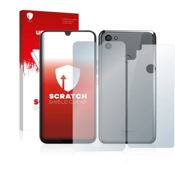 Face avant d’un emballage produit avec le logo de la marque upscreen. À côté, l’appareil Gigaset GS5 (Avant+Arrière) est repré
