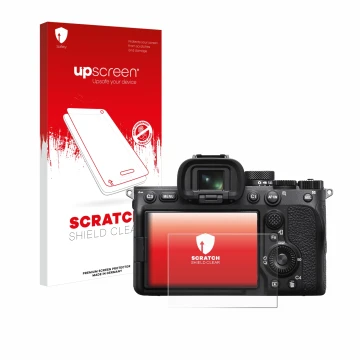 Face avant d’un emballage produit avec le logo de la marque upscreen. À côté, l’appareil Sony Alpha 7 IV est représenté avec l