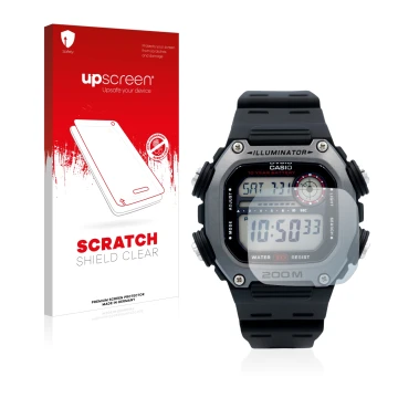 Face avant d’un emballage produit avec le logo de la marque upscreen. À côté, l’appareil Casio DW-291H est représenté avec la 