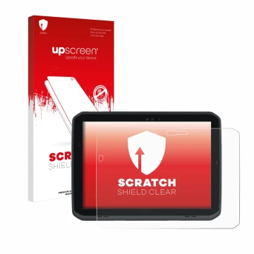 Face avant d’un emballage produit avec le logo de la marque upscreen. À côté, l’appareil Zebra ET80 est représenté avec la pro