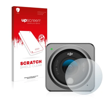 Face avant d’un emballage produit avec le logo de la marque upscreen. À côté, l’appareil DJI Action 2 Lentille (Caisse) est re