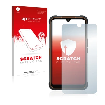 Face avant d’un emballage produit avec le logo de la marque upscreen. À côté, l’appareil AGM Glory Pro est représenté avec la 