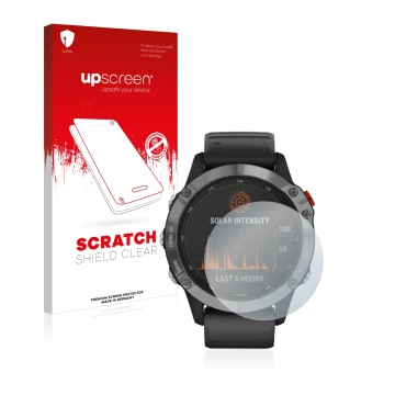 Face avant d’un emballage produit avec le logo de la marque upscreen. À côté, l’appareil Garmin Fenix 6 Solar est représenté a