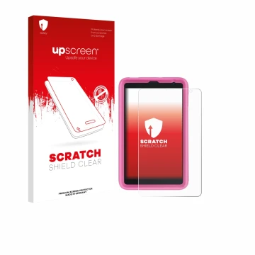 Face avant d’un emballage produit avec le logo de la marque upscreen. À côté, l’appareil Blackview Tab 6 Kids est représenté a