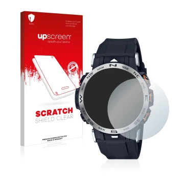 Face avant d’un emballage produit avec le logo de la marque upscreen. À côté, l’appareil Casio Pro Trek PRW-30-1AER est représ