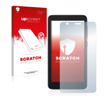 Face avant d’un emballage produit avec le logo de la marque upscreen. À côté, l’appareil ZTE Blade L9 est représenté avec la p