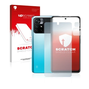 Face avant d’un emballage produit avec le logo de la marque upscreen. À côté, l’appareil Xiaomi Poco M4 Pro 5G (Avant+Caméra) 
